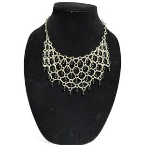 White House Black Market Silver Mesh Necklace with Black Onyx Beads